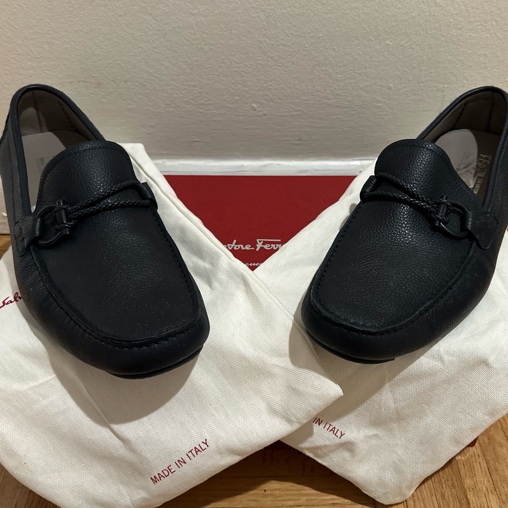 Salvatore Ferragamo Dark Blue Leather Slip-On Loafers